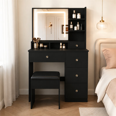 Black MDF Modern Makeup Vanity Desk with Mirror 3 Color Dimmable LED Lights 4 Drawers Silent Slides Open Storage Shelf for Bedroom and Apartment