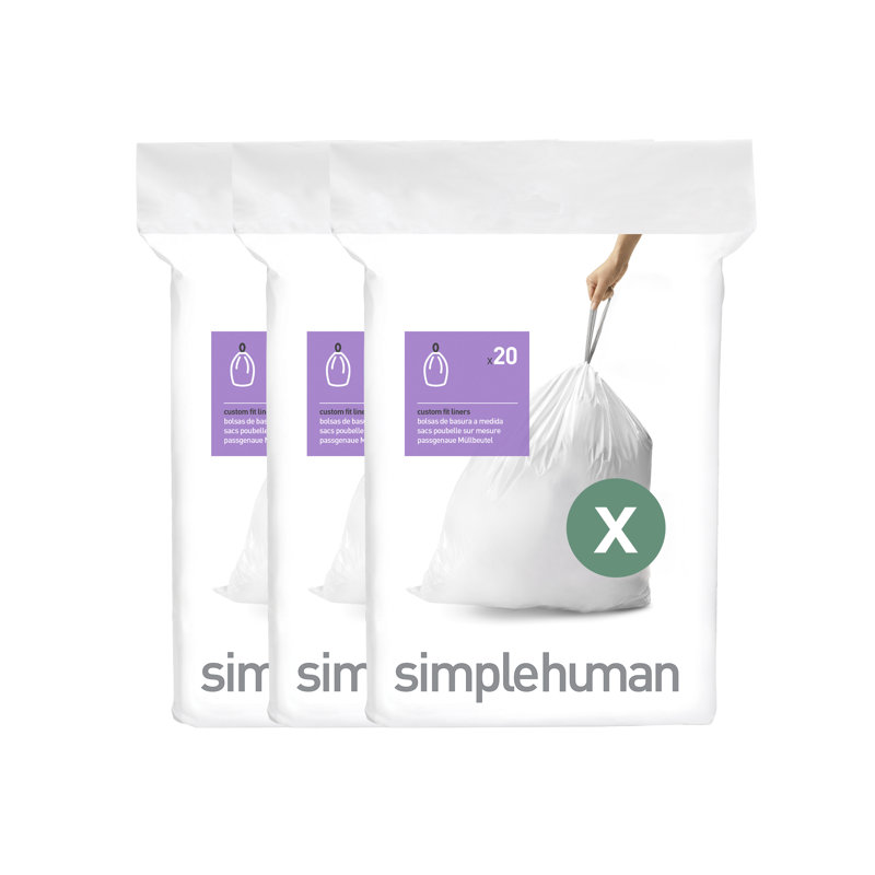 Simplehuman Code X Liners, Pack Of 60 Liners, 50% Recycled Custom Fit Bin Bags, 80L, White