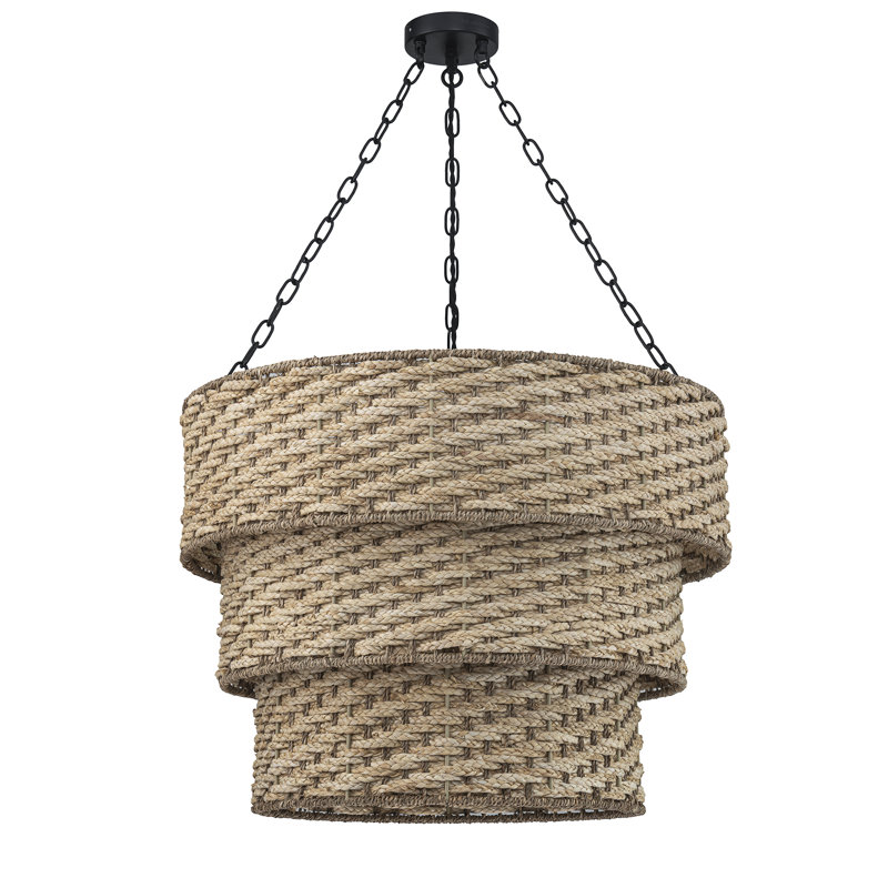 Cohlton 5-Light Matte Black 3-Tiered Hand Woven Natural Rattan Chandelier Modern Ceiling Light