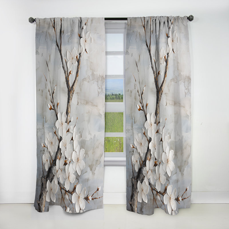 Minimalisme blanc et gris Cherry Blossom - Rideau floral occultant Cherry Blossom - 1 panneau, L 52 po x L 95 po