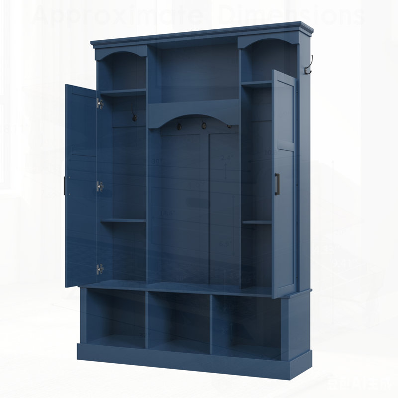 Modern All-in-One Hall Tree with Adjustable Shelves, Classic Arched Farmhouse Storage Bench, and Dual Side Cabinets for Elegant Entryway Organization