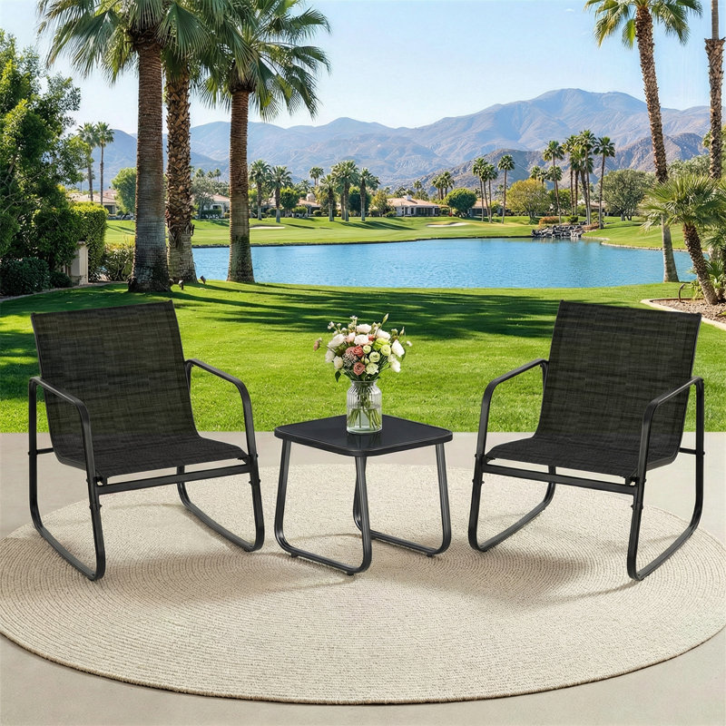 3-Piece Outdoor Set, Outdoor Furniture Set with PVC-coated polyester Chairs & Glass-Top Table, Conversation Set of 3 for Porch, Lawn, Garden, Yard, Balcony, Poolside