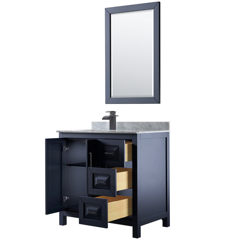 Daria 36'' Single Bathroom Vanity with Cultured Marble Top, Matte Black, Dark Blue/Matte Black, White Marble