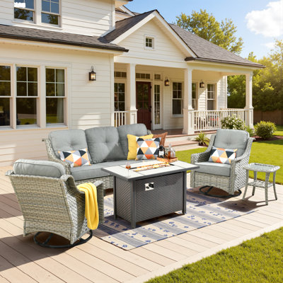 Daliya 5 - Person Outdoor Wicker Patio Conversation Furniture Set With Fire Pit Table And Swivel Rocking Chairs