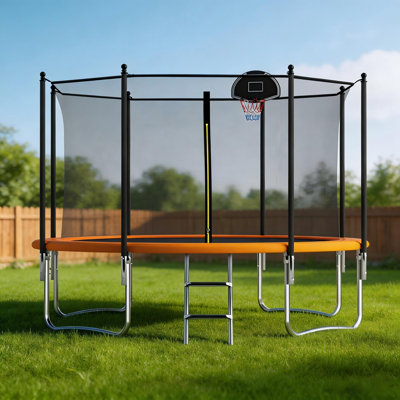 12FT Outdoor Round Trampoline for Kids and Adults with Safety Enclosure & Ladder,Backyard Trampoline with Basketball Hoop,450lbs Sturdy Support