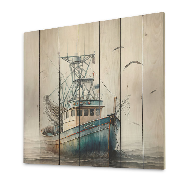 Bateau de pêcheur sur l'océan II - impression sans cadre sur bois, H 16 po x l 16 po x P 1 po