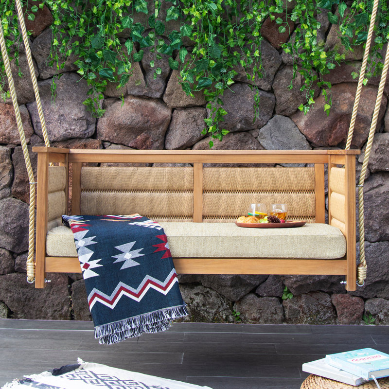 Balancelle en teck avec coussin Blaine, Tissage de performance brun clair