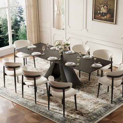 Ensemble table et chaises de salle à manger extensibles en pierre frittée avec 8 chaises de salle à manger rembourrées en lin, piètement en acier au carbone noir, table rectangulaire extensible moderne pour cuisine et salle à manger