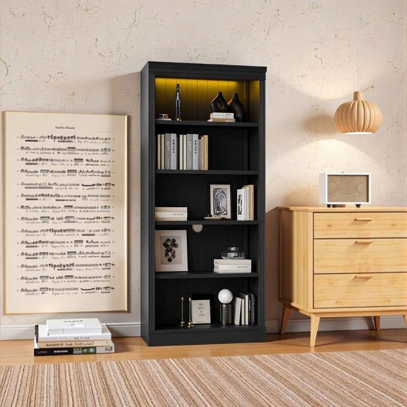 5-Tier LED Bookshelf with Adjustable Shelves, 55LB Capacity, Built-in Lighting, Black