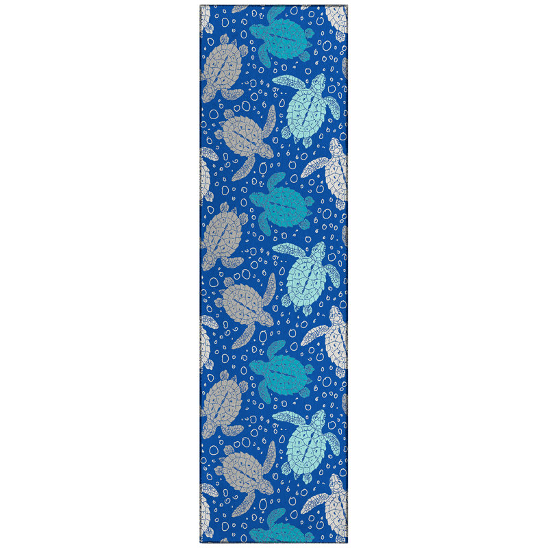 Tapis bleu intérieur / extérieur en polyester tissé à la machine Stroupe, Tapis de couloir 2 pi 3 po x 7 pi 6 po