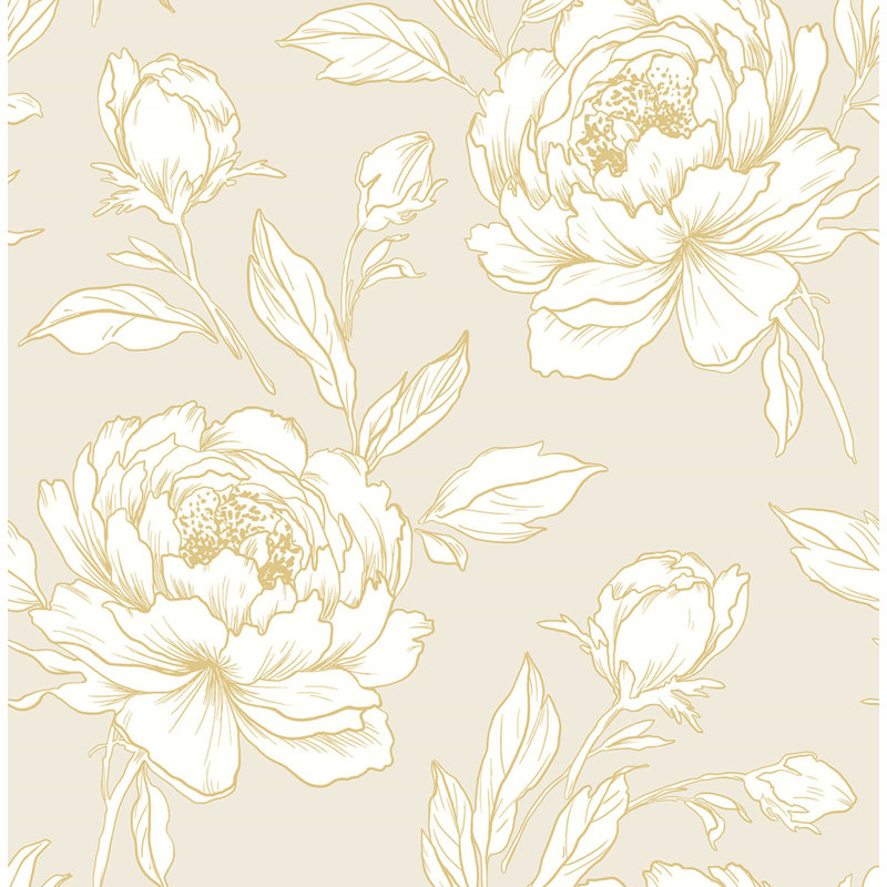 Papier peint floral pivoine, Crème / blanc / doré