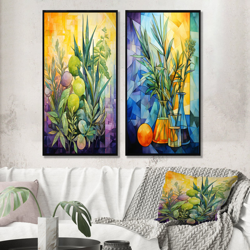 Ensemble de 2 décorations aromatiques délicates I - herbes, H 28 po x l 25 po, Cadre flottant noir