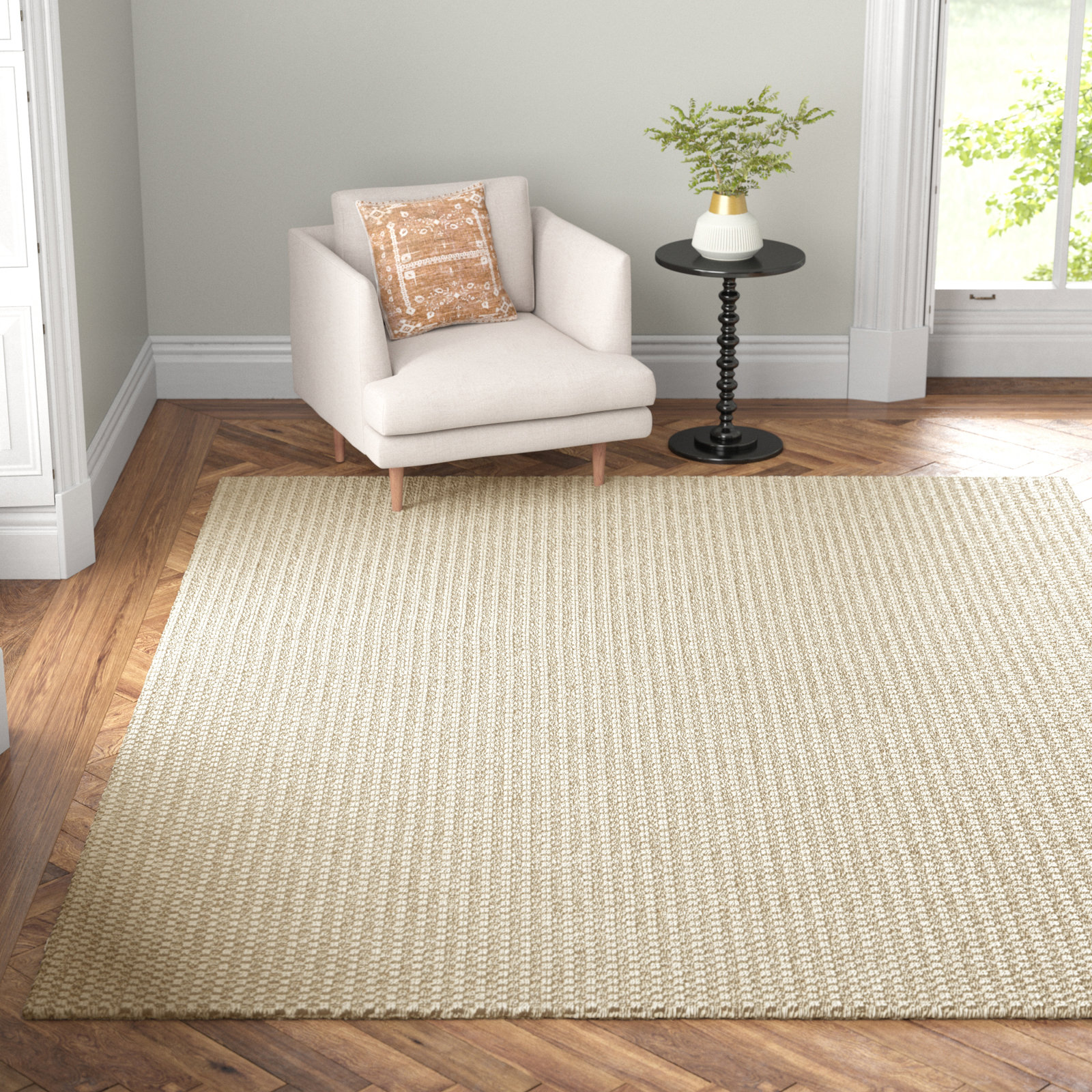 Alton Cream Hand-Woven Striped Wool Jute Rug, Rectangle 5' x 8'