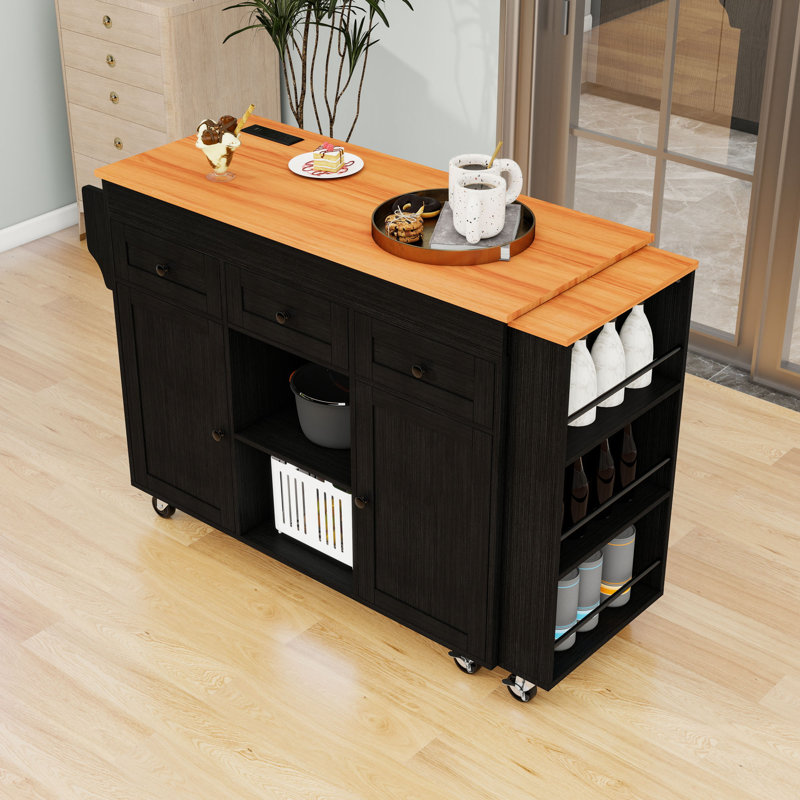 Chariot pour îlot de cuisine extensible avec station de charge intégrée, grand espace de rangement et roues verrouillables