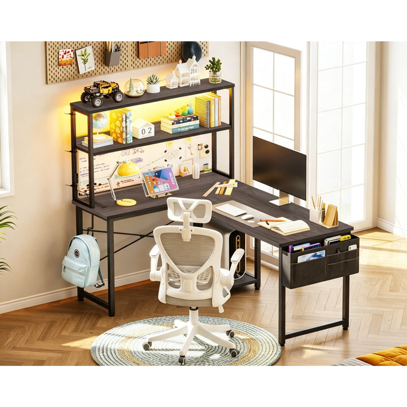 L-Shaped Gaming Desk with LED Lights & Power Outlet, 110 × 80 cm Reversible Corner Computer Desk with Shelves, Storage Bag and Headphone Hook