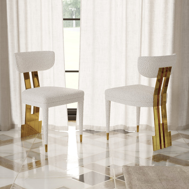 Chaises d'appoint de salle à manger rembourrées Boucle, Blanc, Laiton brossé