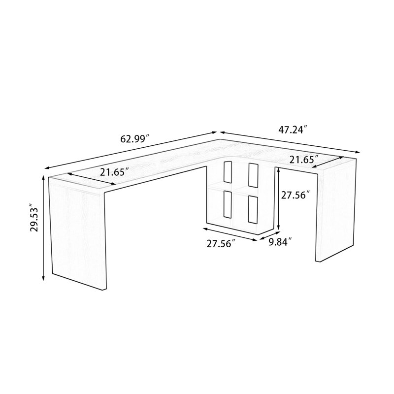 Black Rectangular Solid Wood desk, 29.53" H x 62.99" W x 47.24" D, Right Hand Return