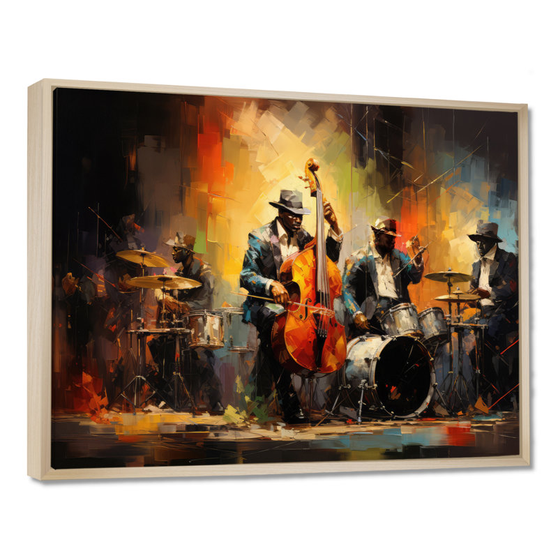 Beira jaune orange Jazz Band - art mural de danse pour le salon, H 30 po x l 40 po, Reproduction avec cadre flottant, Érable