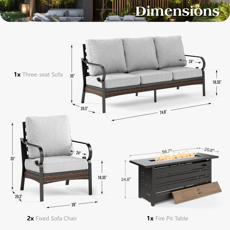7 - Person Outdoor Furniture Sets With Thick Cushions, Light Gray Cushion/Black Frame