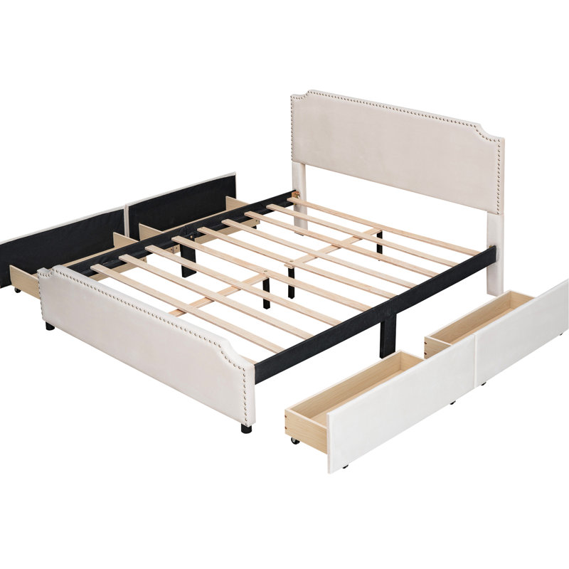 Grand lit plateforme tapissier avec tête de lit à garniture cloutée et 4 tiroirs, tissu en velours beige - aucun sommier tapissier requis