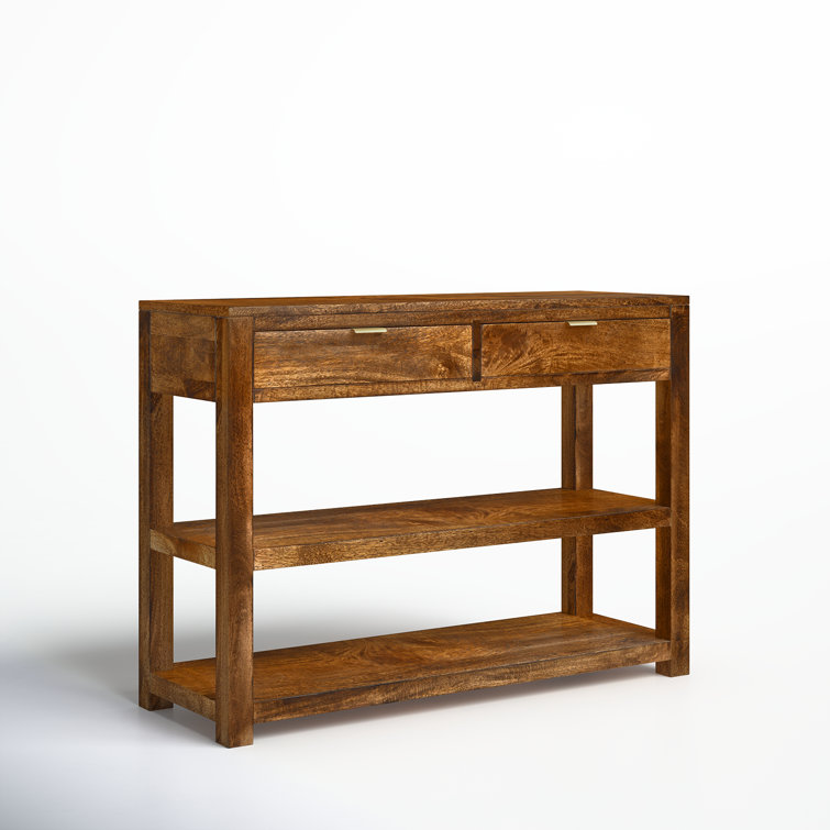 Solid Mango Wood Finish Console Table with Multi Level Shelf