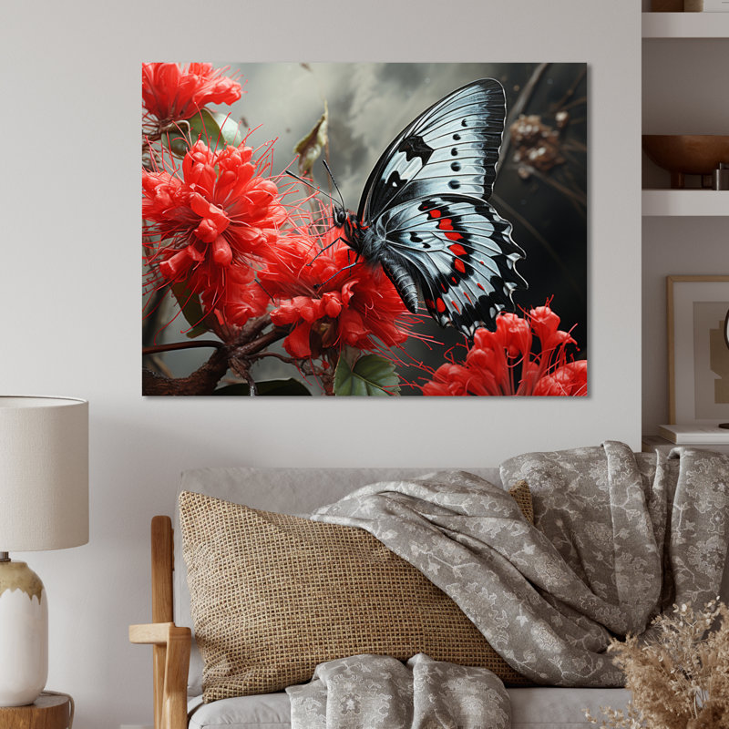 Décoration murale en métal rouge, gris et papillon Haven II, H 16 po x l 32 po