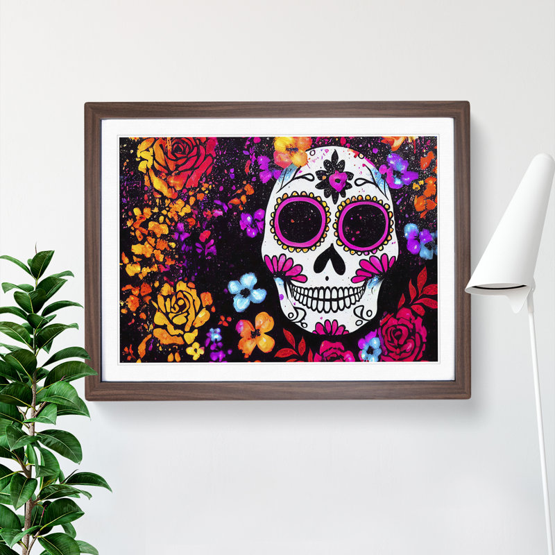 XH1022-7087X Positive Floral Sugar Skull - Single Picture Frame Print, 34cm H x 46cm W x 2cm D, Walnut Framed