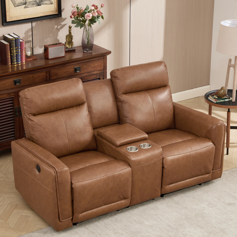 Ensemble de salon inclinable électrique en cuir fleur 2 pièces: fauteuil inclinable électrique + causeuse avec console et type C et USB