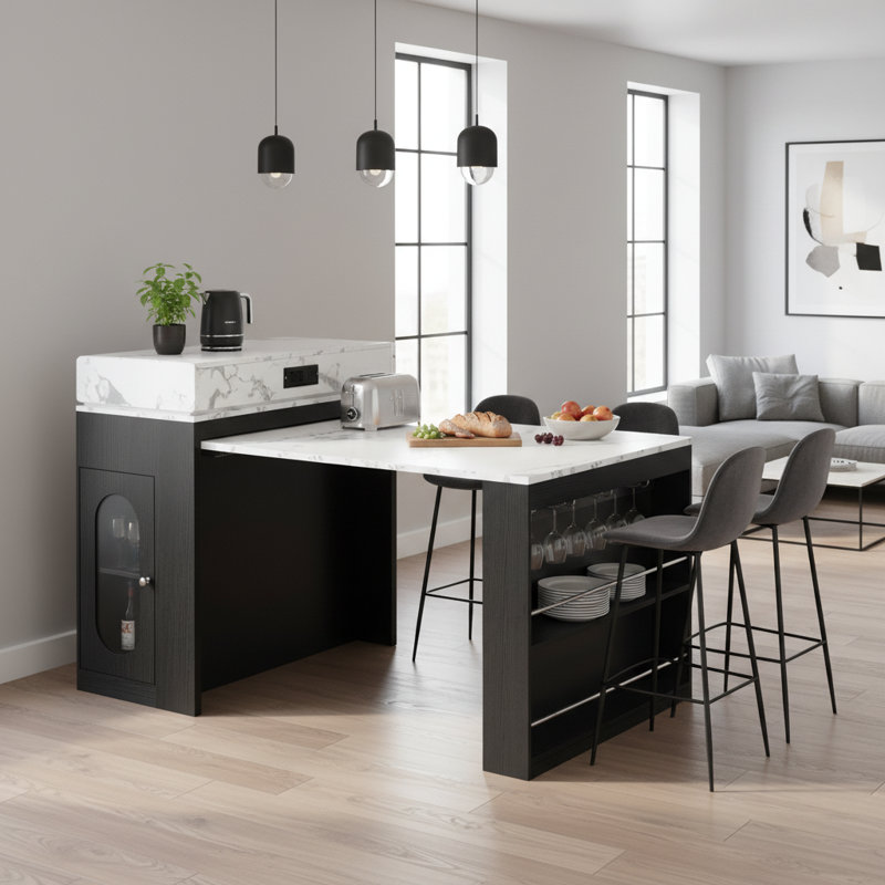 Table de salle à manger pliante extensible avec prise de courant et tiroirs, îlot de cuisine mobile avec roulettes, crochets et armoire de rangement, buffet de bar multifonctionnel pour la cuisine et la salle à manger, noir et blanc marbré