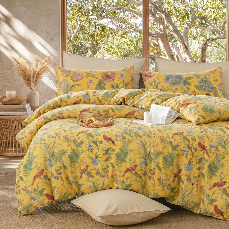 Housse de couette botanique 100 % coton, taille Queen – Ensemble de literie floral avec oiseau jaune, 3 pièces, housse de couette douce et respirante avec fermeture éclair
