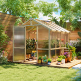 6.6 x 8 FT Wooden Polycarbonate Greenhouse for Outdoors with Thickened Panels, Walk-in Greenhouse Kit for Winter Sunroom with Roof Vent and Lockable Door for Backyard Garden Patio, Brown