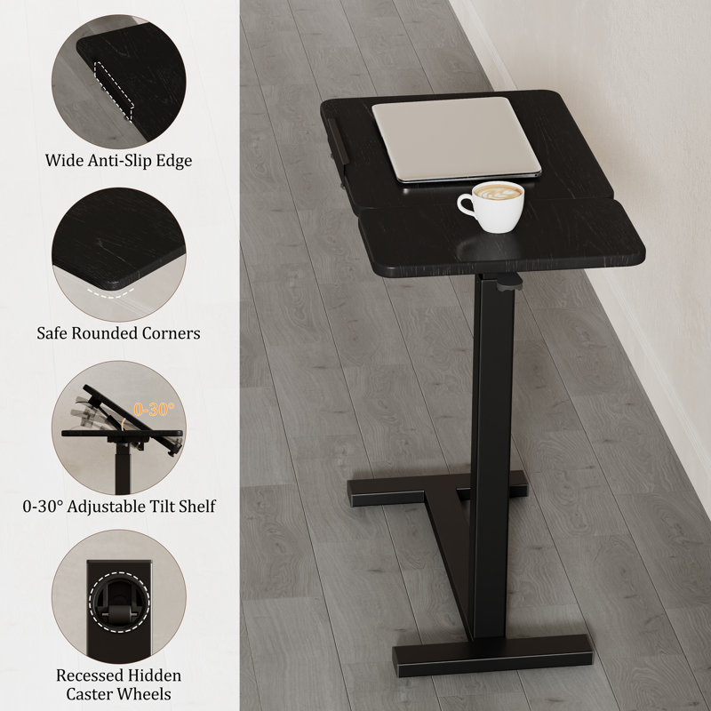 24.2“ Solid Wood Height Adjustable Overbed End Table with Tilt Top, C-Shaped Mobile Bedside Desk for Living Room Bedroom