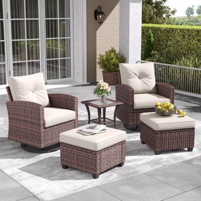 Winston Porter 5 Pieces Patio Furniture Set with Swivel Chairs, Rattan Wicker Rocking Glide Chairs with Ottomans Conversation Set