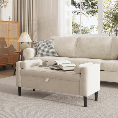 118cm Velvet Upholstered Storage Bench, Button Tufted Design, with Armrests & 2 Pillows, End of Bed Seating for Bedroom, Living Room & Hallway