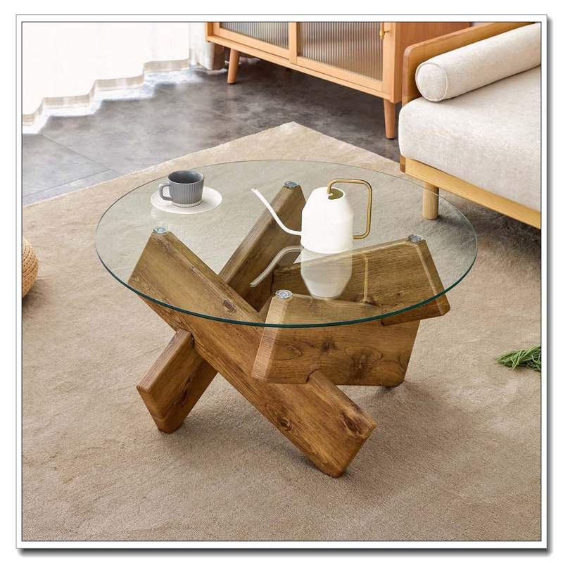 Table basse ronde en verre, Bois naturel