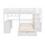 Lit superposé double au-dessus de simple avec bureau, tiroirs et tablettes, blanc