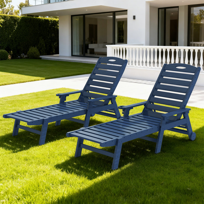 2-Piece All-Weather HDPE Wood Look Outdoor Chaise Lounge with Wheels, Cup Holder & 5-Position Adjustable Backrest, Dark Blue