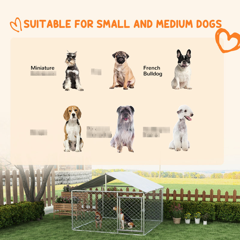 Chenil extérieur robuste pour chien - housse imperméable et chaînette galvanisée de 6,6 pi x 6,6 pi x 4,9 pi, spacieuse pour les chiens joyeux, serrure sécuritaire, structure en acier robuste avec solide Happy Adulte