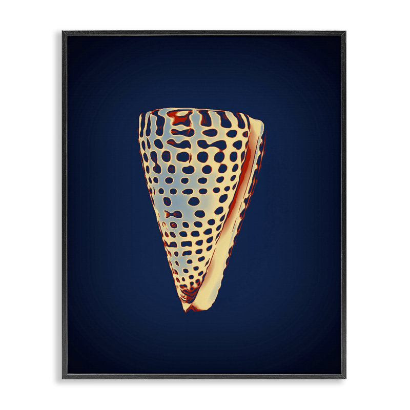 Cône de coquillage sur estampe numérique bleue par Graffi *ee Studios, H 14 po x l 11 po, Giclée encadrée noir minuit