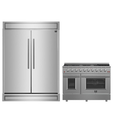 FORNO Premium 2-Piece Kitchen Bundle - Galiano 48" Stainless Steel Gas Range, Forno Maderno 2-28 " Wide Units with Decorative Trim