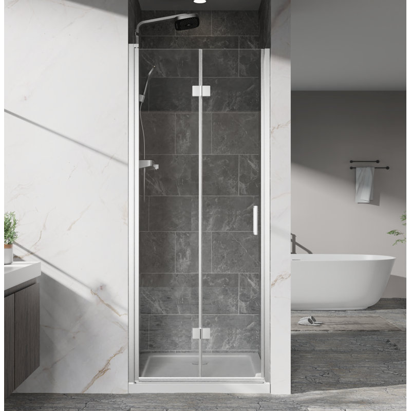 Portes de douche pivotantes, porte de douche battante pliante sans cadre l 32 po x H 72 po, verre trempé transparent de 1/4 po (6 mm), quincaillerie à finition chromée, installation réversible