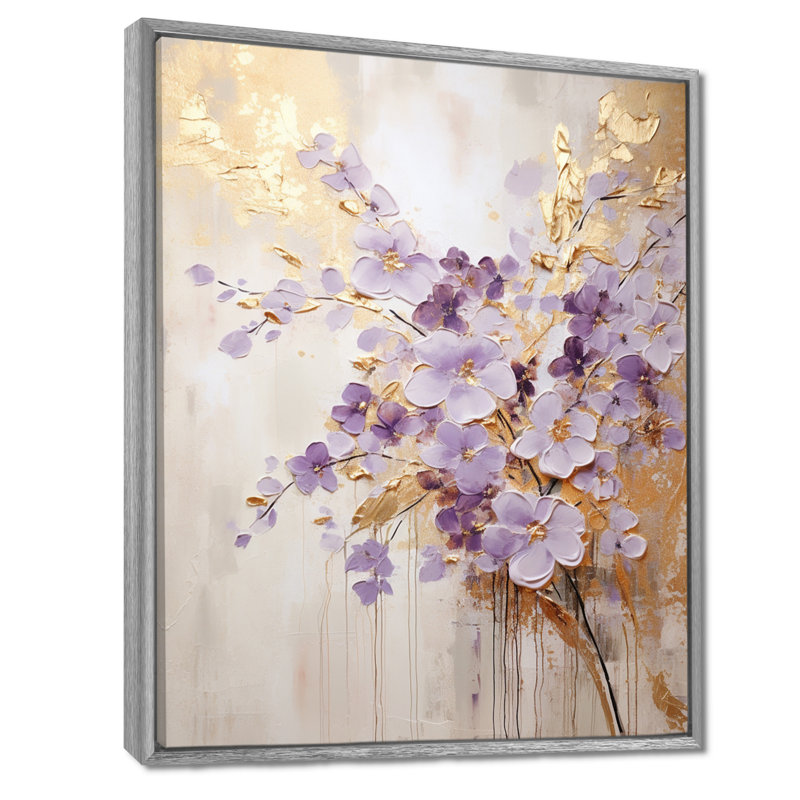 Mauve et or orné de violettes, pré IV - art mural Violettes, 32" H x 16" W, Encadrement argenté