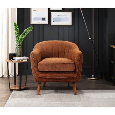 Fauteuil d'appoint en tissu texturé rouille, style Mid-Century moderne, fabrication en bois massif, dossier à coutures profilées, hauteur des accoudoirs: 25 po, capacité de poids des pieds: 300 lb, coussin de siège amovible, 300 lb