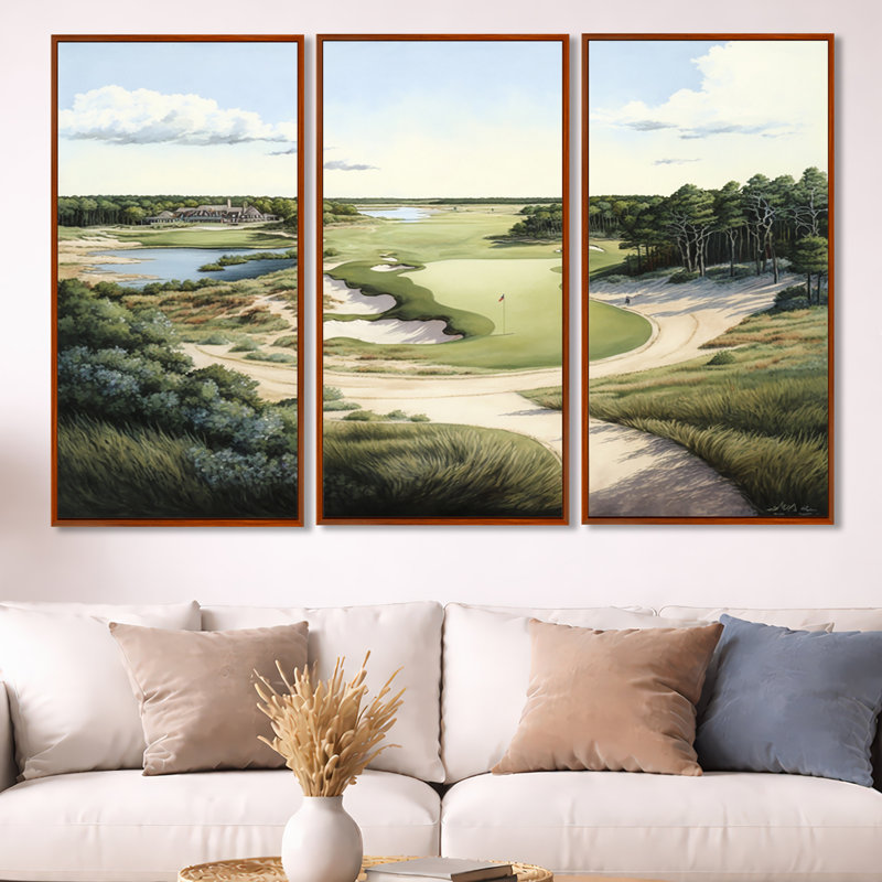 «Golf Course in The Summer», reproduction sur toile 3 pièces, Impression encadrée, H 40 po x l 60 po, Brun