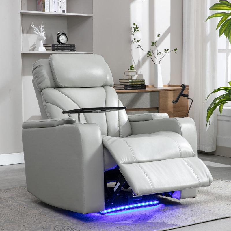 Fauteuil inclinable électrique Power Motion avec port de charge USB, rangement pour bras cachés, porte-gobelet pratique et haut-parleur Bluetooth, gris clair