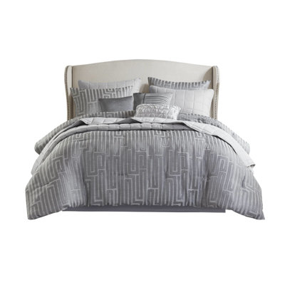 Queen Luxury 10 Piece Comforter Grey - All Season Comfortable With Design, Embroidered Greek Fret Pattern, Quilt And Decorative Pillows Pcs Metallic Thread Bed Skirt