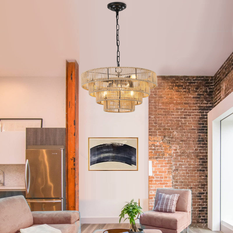 Luminaire suspendu en rotin tissé à la main à 6 lumières 4 grandes lumières de style bohème minimaliste transitionnel rond pour îlot de cuisine, couloir de salon de 20 po de diamètre