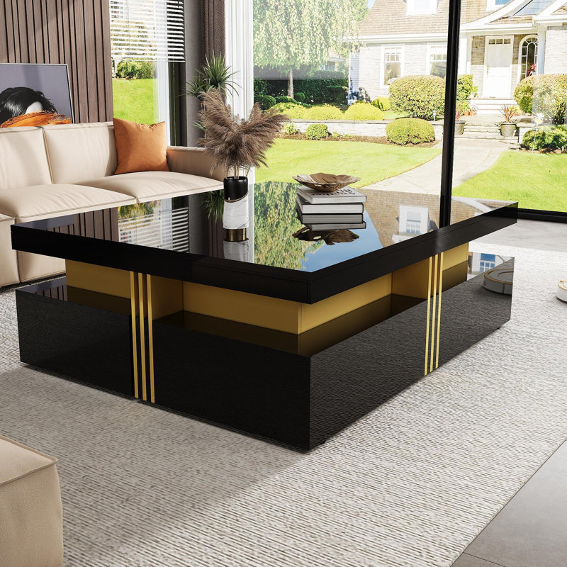Table basse moderne carrée avec 4 tiroirs, Noir
