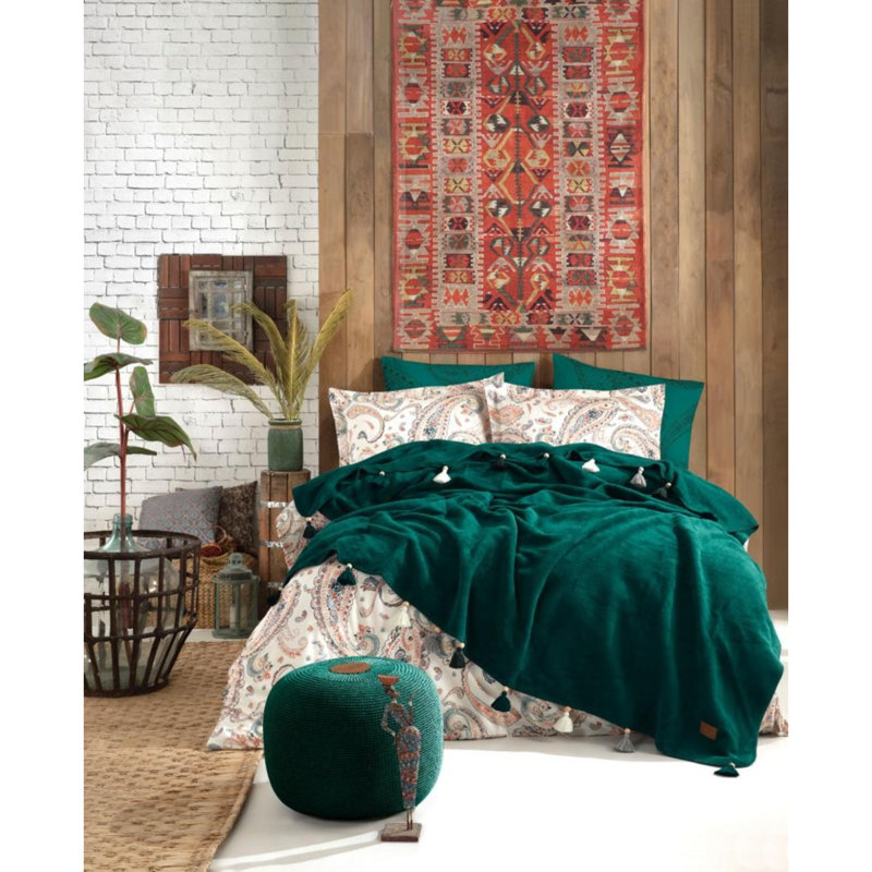 Ensemble de housse de couette 100% coton 4 pièces Tudela, Vert / ivoire / beige