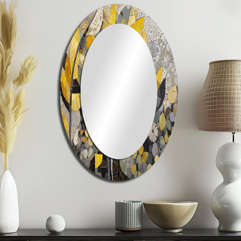 Motif jaune et gris en fusion artistique - miroir mural ovale jaune, 36 po x 24 po